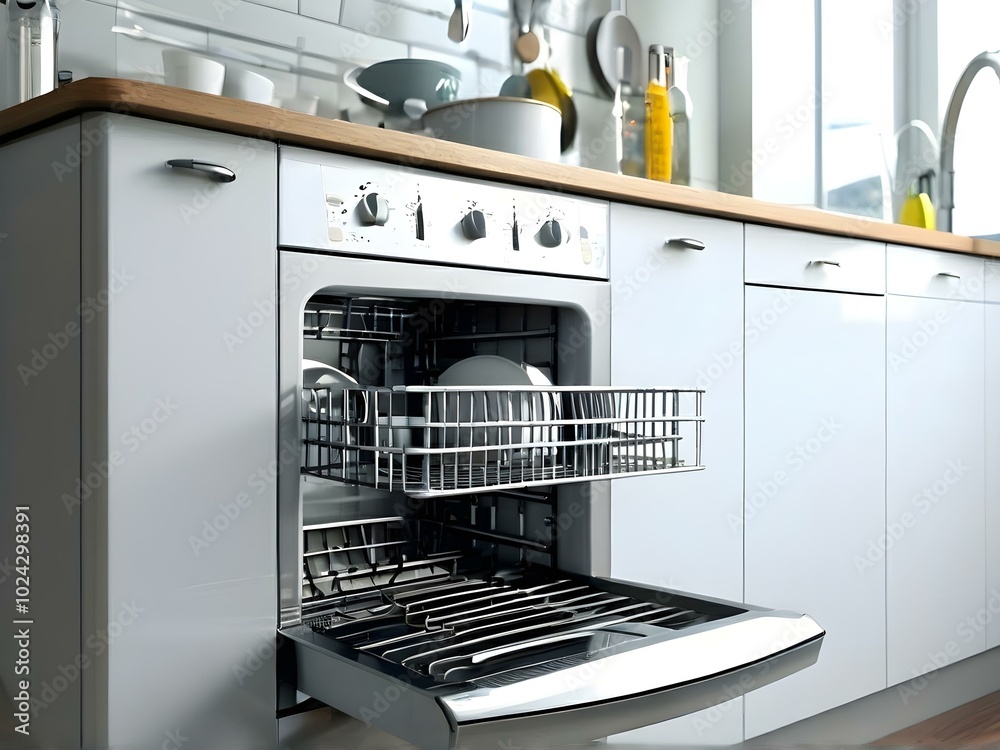 A dishwasher with an open door displaying a basket inside, ready for loading dishes. A dishwasher with an open door displaying a basket inside, ready for loading dishes.
