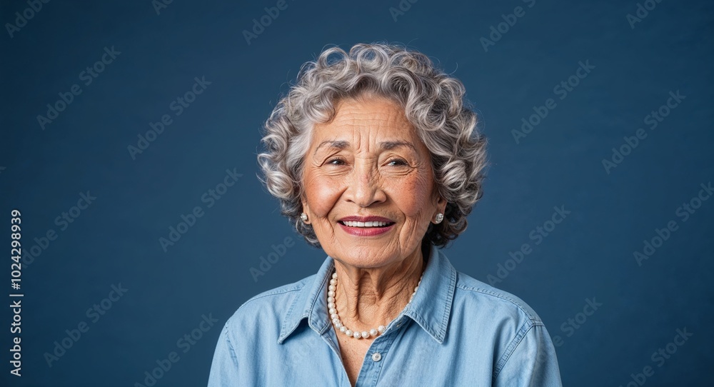 Elderly Latino woman with kind smile and curly gray hair serious deep blue background