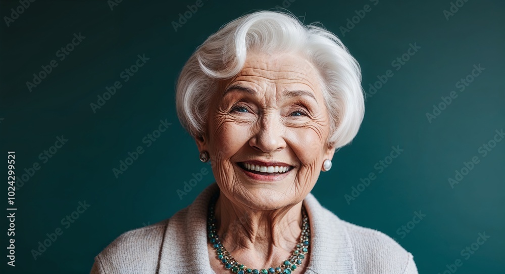 Elderly white woman with soft wrinkles and short bob smiling dark teal background Elderly white woman with soft wrinkles and short bob smiling dark teal background