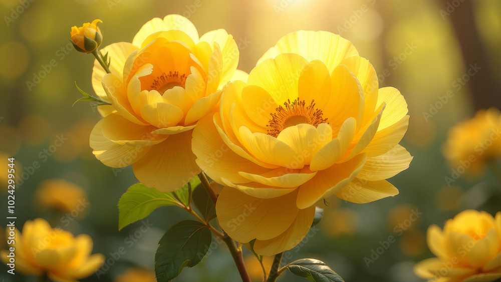 Fototapeta premium Bouquet of yellow peonies with rays of sun.