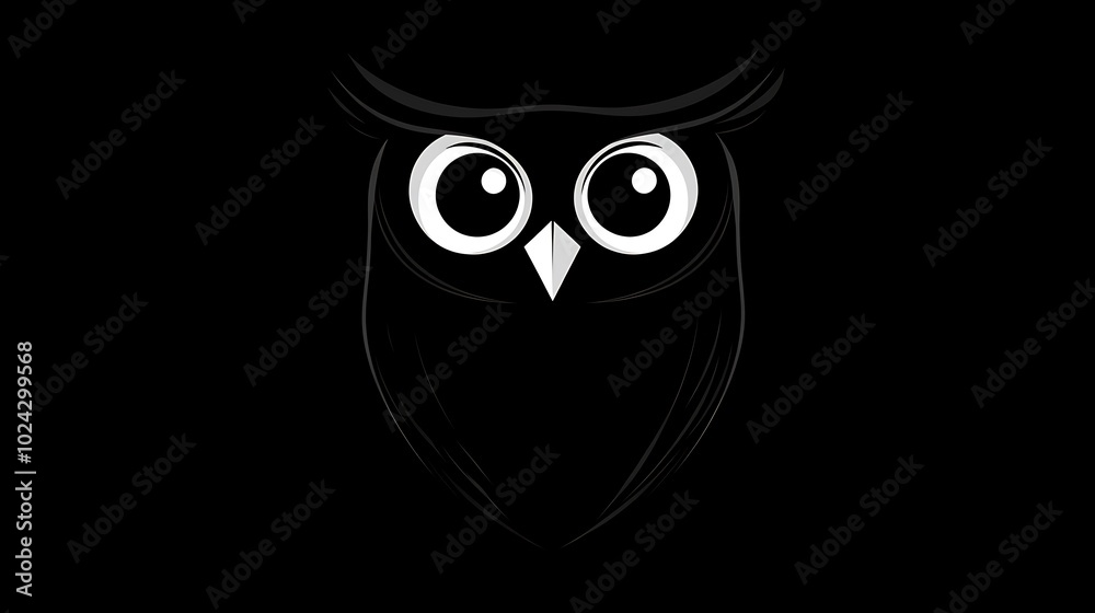 Naklejka premium Owl with only the outline of wings, circular eyes, and a simple triangular beak, set against a solid black background. High contrast, clean and precise lines, no additional details or shading,