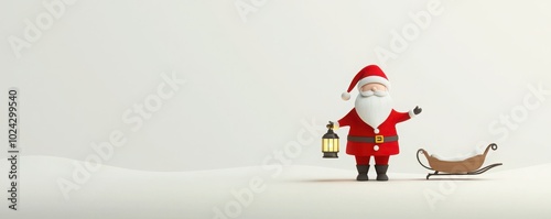 A cheerful Santa Claus stands with a lantern by his sleigh in a snowy landscape, evoking a festive holiday spirit.