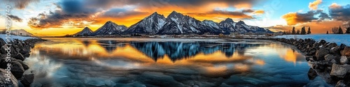 Serene Lake Surrounded by Snow-Capped Mountains at Sunset