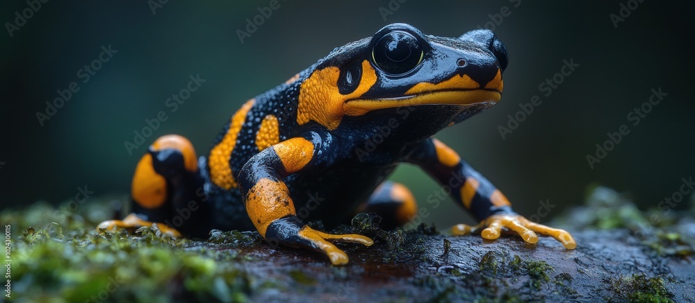 Fototapeta premium A vibrant yellow and black poison dart frog sits on a mossy log in a rainforest.