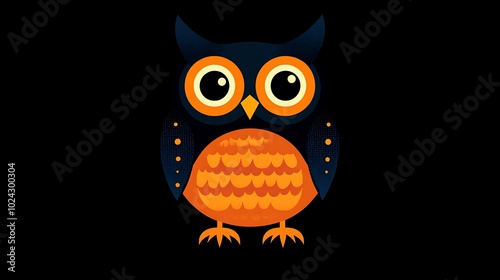 Simplified owl design made entirely from basic shapes like circles and ovals, with no additional details, set against a solid black background. High contrast, clean composition, flat colors, photo