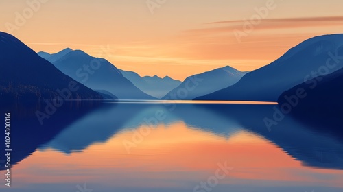 Mountain range reflected in a still lake at sunset.