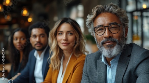 A diverse group of four professionals in a cafe setting, looking directly at the camera with confident expressions.