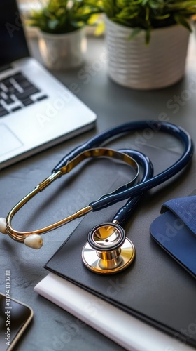Stethoscope on Desk with Plant and Laptop in Background