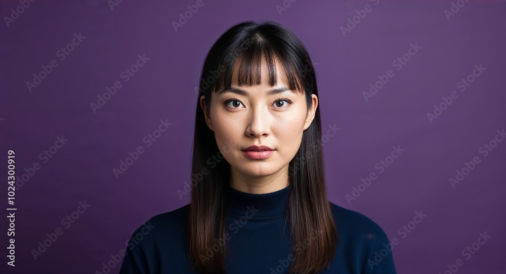 Young Asian woman with wide forehead and straight bangs focused dark purple background Young Asian woman with wide forehead and straight bangs focused dark purple background