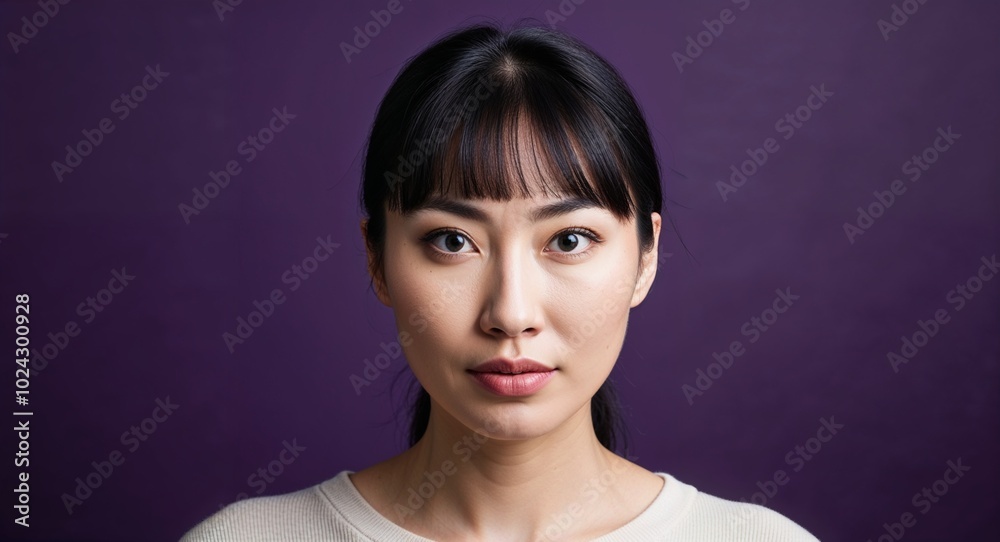 Fototapeta premium Young Asian woman with wide forehead and straight bangs focused dark purple background