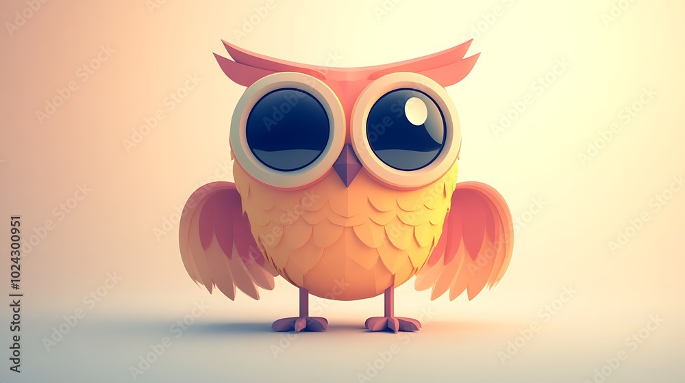 Naklejka premium Simplified owl design made from circles and ovals, with large circular eyes and rounded wings, set against a light gradient background. Clean and elegant layout, flat colors, no textures, hd quality,
