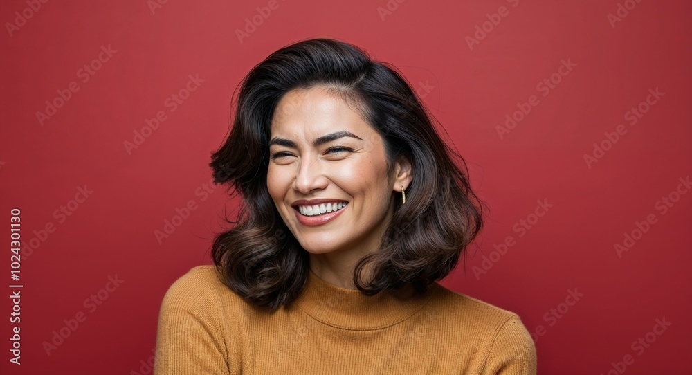 Fototapeta premium Young Latino woman with oval face and thick brown hair smirking dark red background