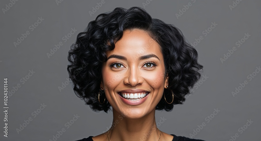 Young mixed race woman with almond shaped eyes and curly bob grinning gray background Young mixed race woman with almond shaped eyes and curly bob grinning gray background