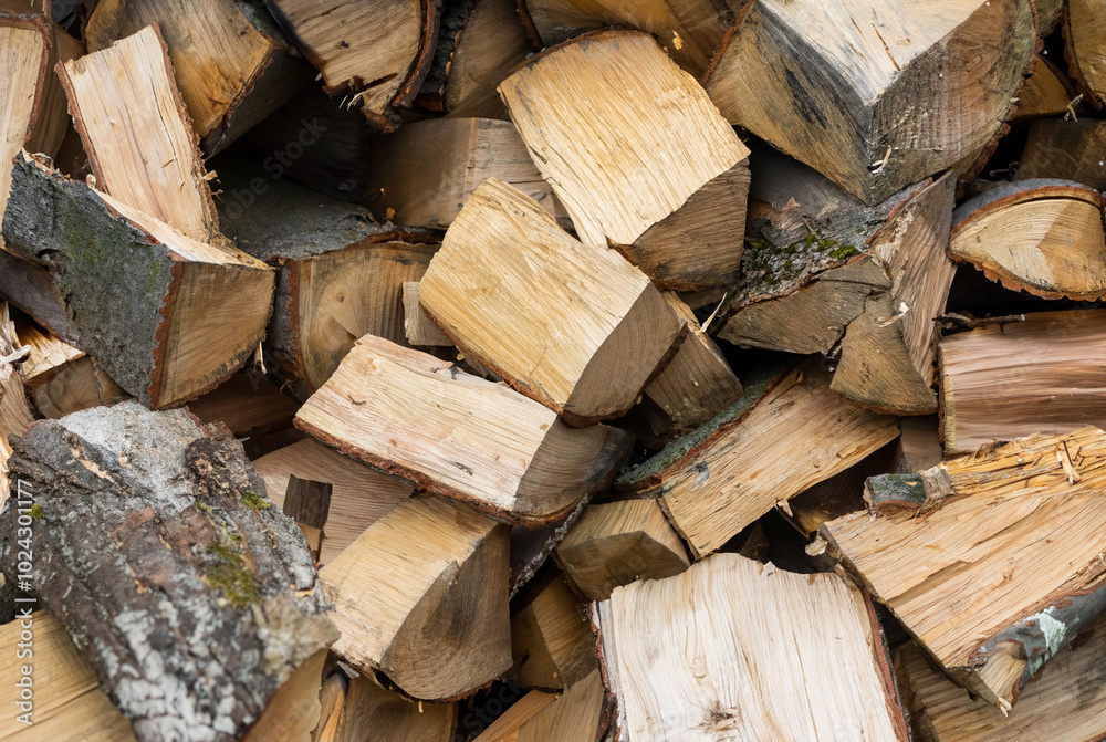 A close-up of stacked chopped firewood logs with visible bark and wood grain, ready for burning or outdoor storage. A close-up of stacked chopped firewood logs with visible bark and wood grain, ready for burning or outdoor storage.