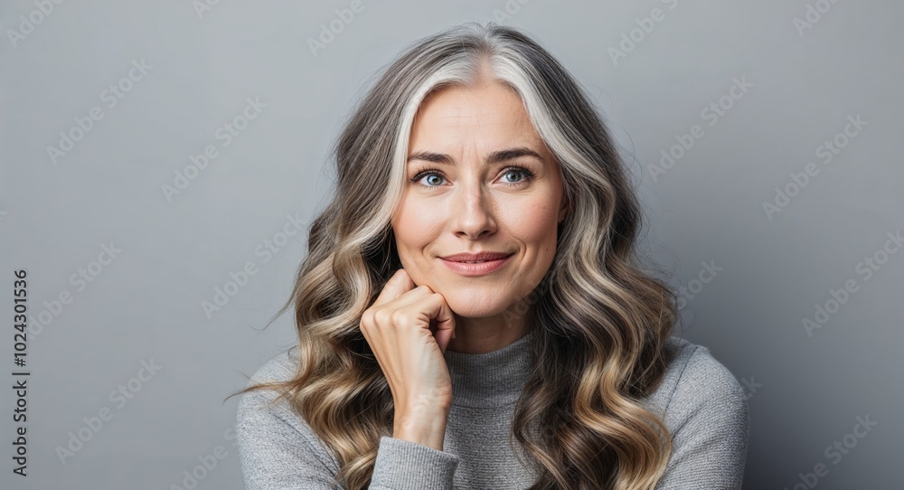 Young white woman with round face and long wavy hair laughing soft pink background Young white woman with round face and long wavy hair laughing soft pink background
