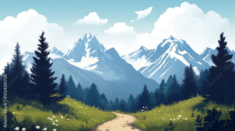 Fototapeta premium A winding path leads through a green meadow towards snow-capped mountains.