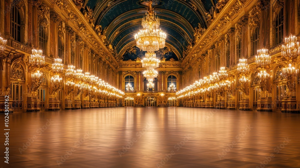 an empty opulent hall featuring grand chandeliers, large ornate mirrors, and gold-trimmed walls. an empty opulent hall featuring grand chandeliers, large ornate mirrors, and gold-trimmed walls.