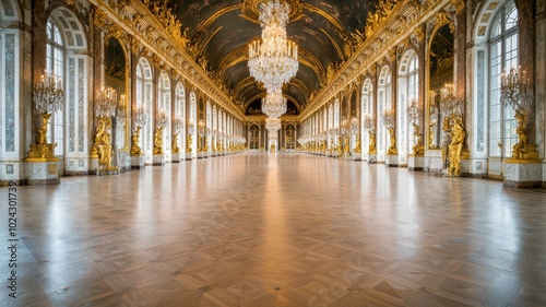 an empty opulent hall featuring grand chandeliers, large ornate mirrors, and gold-trimmed walls.