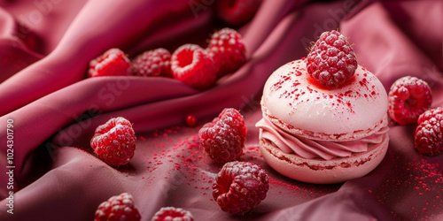 A vibrant macaron topped with fresh raspberries.