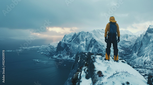 Fototapeta Naklejka Na Ścianę i Meble -  A hiker in a yellow jacket stands atop a snowy mountain, admiring the sunrise over a serene Arctic landscape and frozen fjords.
