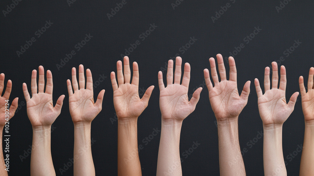 Many hands raised. Right to vote. Only hands visible. Many hands raised. Right to vote. Only hands visible.