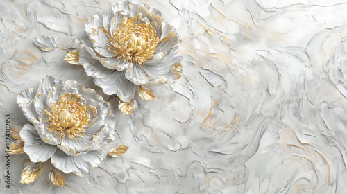3D white and gold peony buds oily liquid.