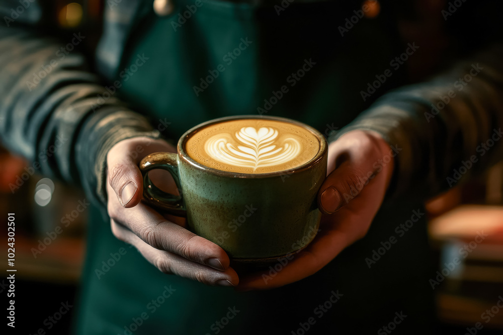 A barista dressed in a dark green apron offers a perfectly brewed cup of coffee to the viewer A barista dressed in a dark green apron offers a perfectly brewed cup of coffee to the viewer