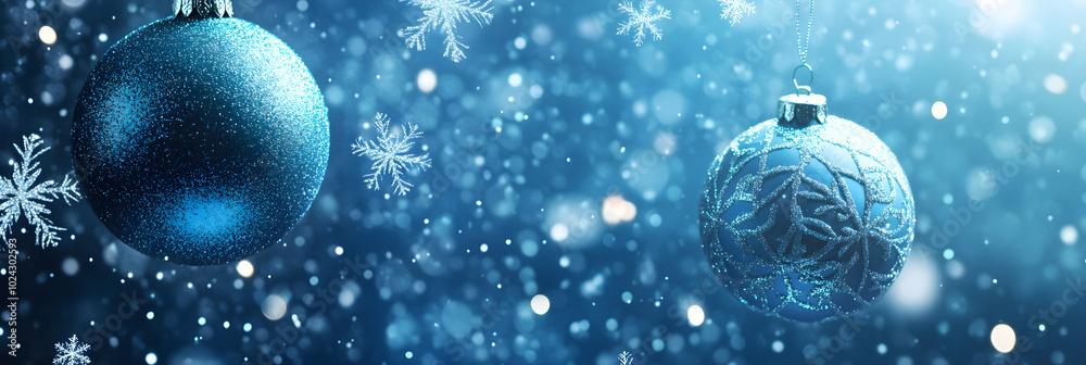 Sparkling blue ornaments hang against snowy background, creating festive atmosphere Sparkling blue ornaments hang against snowy background, creating festive atmosphere