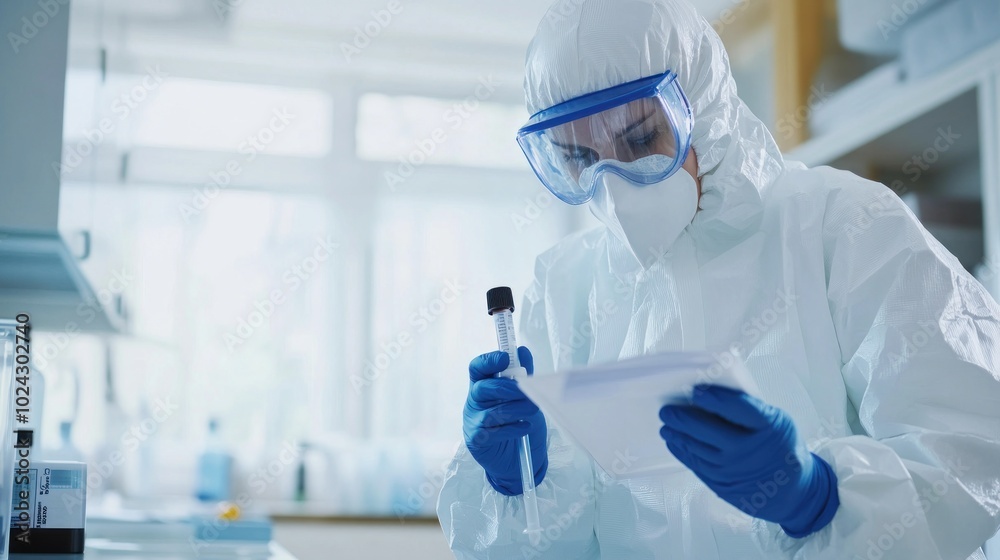 A scientist in protective gear analyzes a sample in a laboratory setting. A scientist in protective gear analyzes a sample in a laboratory setting.