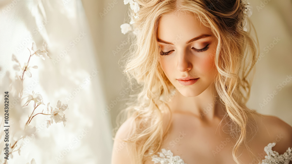 A beautiful bride with flowing blonde hair, styled in loose curls adorned with delicate white flowers A beautiful bride with flowing blonde hair, styled in loose curls adorned with delicate white flowers