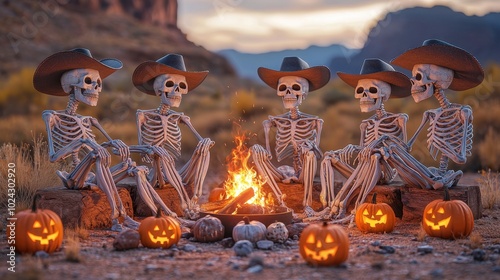 A whimsical gathering of skeletons around a campfire, celebrating Halloween with pumpkins and cowboy hats in a desert setting photo