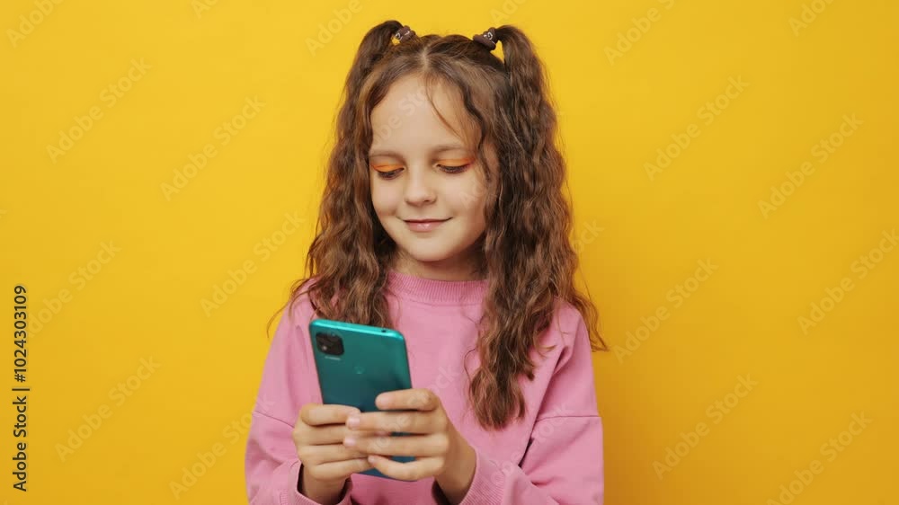 Happy child browsing on mobile phone smiling texting her friends through social network enjoying her time with digital gadgets and online chatting isolated over yellow background Happy child browsing on mobile phone smiling texting her friends through social network enjoying her time with digital gadgets and online chatting isolated over yellow background