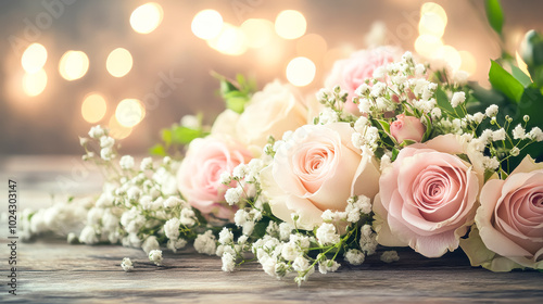 A beautifully arranged collection of soft pink and white roses, delicate baby breath