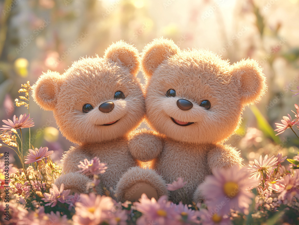 Fototapeta premium a cheerful scene of two teddy bears, one brown and one yellow, sitting on a bed of flowers under a blue sky.