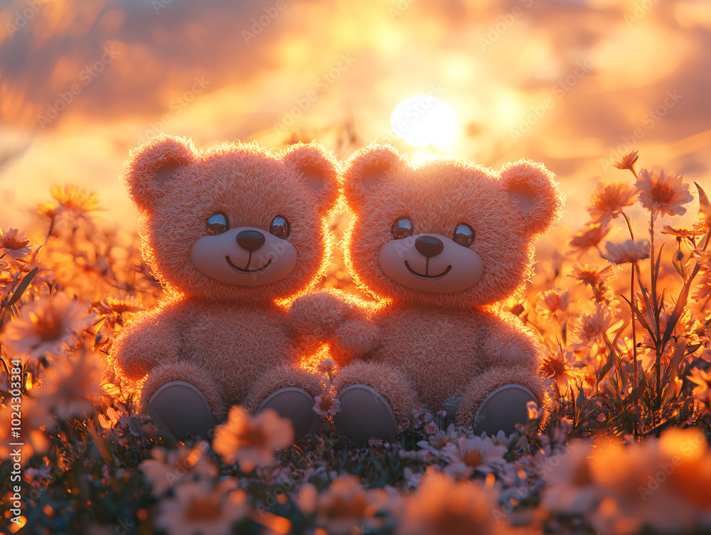 Fototapeta premium a cheerful scene of two teddy bears, one brown and one yellow, sitting on a bed of flowers under a blue sky.