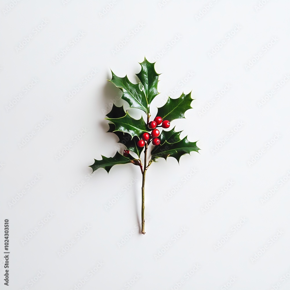 Fototapeta premium A single holly branch with vibrant red berries against a clean white background, perfect for holiday decor and seasonal design projects.