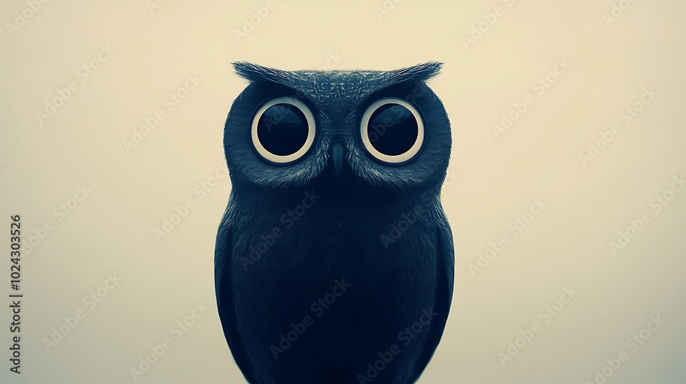 Obraz premium Simplified owl silhouette filled with a single solid color, featuring large circular eyes and a smooth curved body, set against a light grey background. Smooth and balanced composition, no shading,