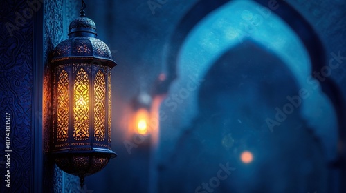 Islamic Greeting Cards for Muslim Holidays. Ramadan Kareem blue background.Eid Mubarak, greeting background with lantern.Mosque window