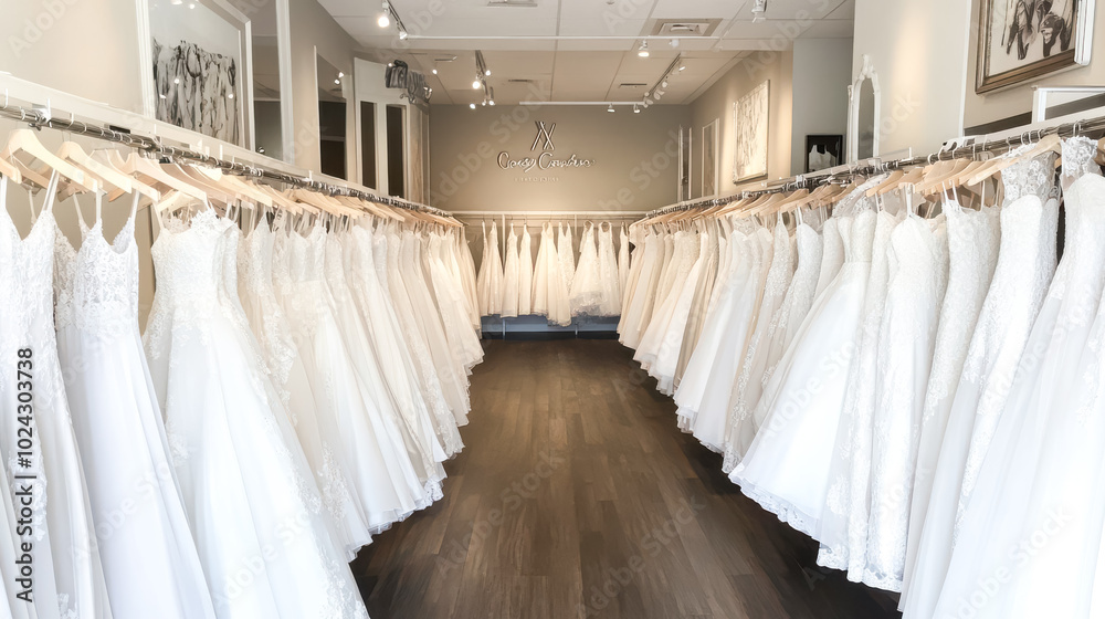 A beautifully lit bridal shop, showcasing a row of stunning white wedding dresses hanging neatly A beautifully lit bridal shop, showcasing a row of stunning white wedding dresses hanging neatly