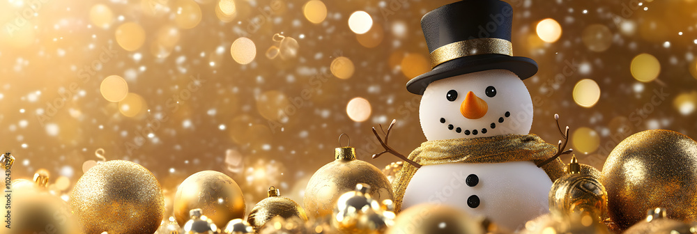 Cheerful snowman with top hat and golden ornaments, creating festive atmosphere Cheerful snowman with top hat and golden ornaments, creating festive atmosphere