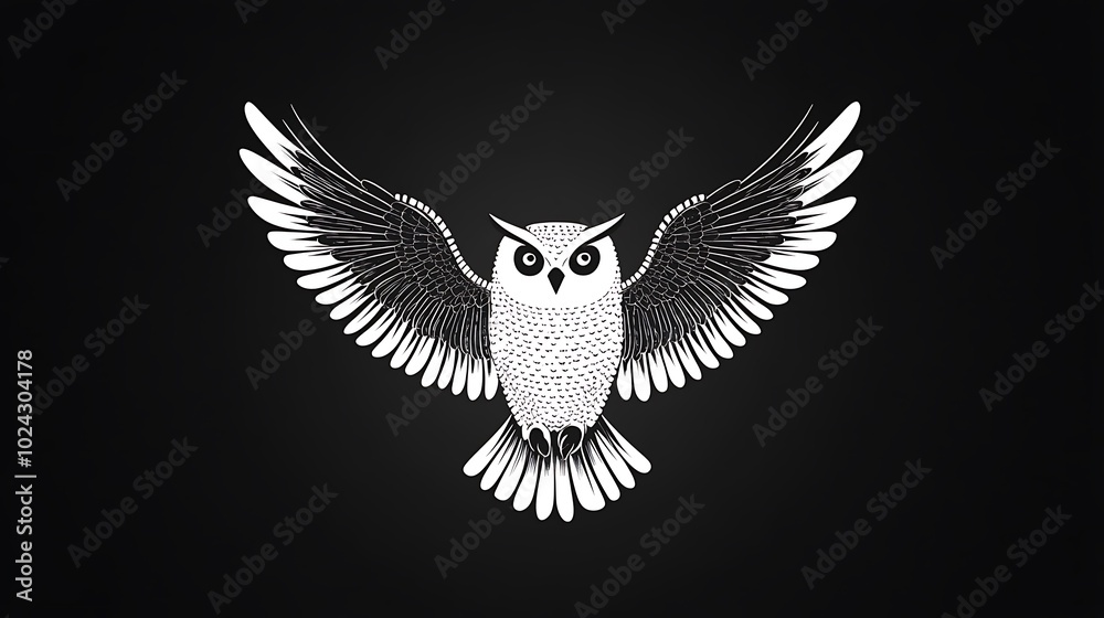 Simplistic owl design with a focus on symmetry, made entirely from concentric circles for the head and body, and straight lines for wings. White owl shape against a contrasting black background, Simplistic owl design with a focus on symmetry, made entirely from concentric circles for the head and body, and straight lines for wings. White owl shape against a contrasting black background,
