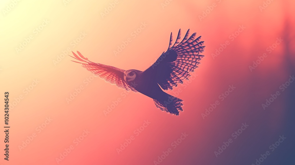 Fototapeta premium Simplistic owl silhouette in flight, using only a few sweeping lines to define wings and body, set against a muted pastel background. Smooth and clean linework, flat colors, no additional textures,