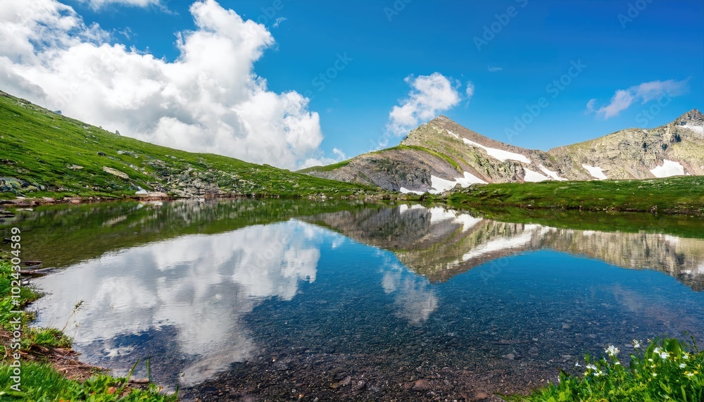 Fototapeta premium Mountain Lake Reflecting the Blue Sky and Clouds 