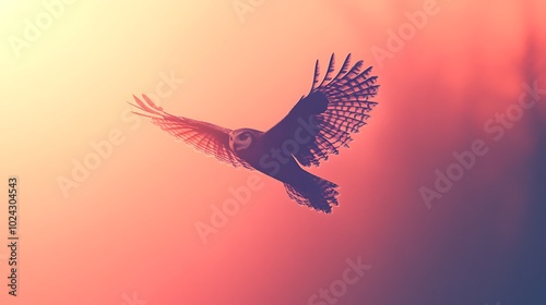 Simplistic owl silhouette in flight, using only a few sweeping lines to define wings and body, set against a muted pastel background. Smooth and clean linework, flat colors, no additional textures,