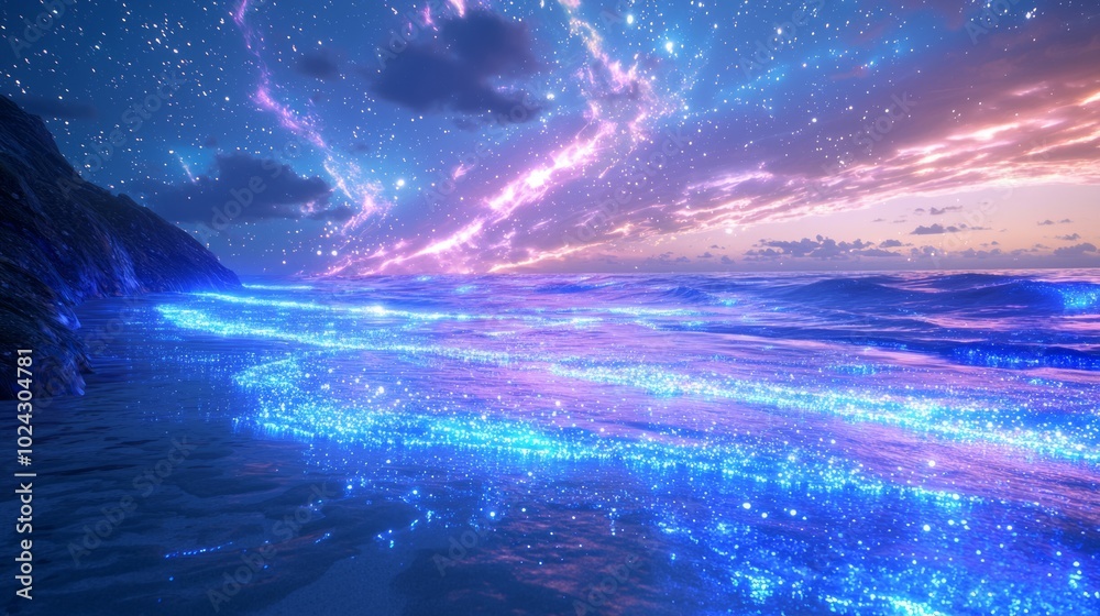 Serene Alien Beach at Twilight - Celestial Cosmos 3D Render with Bioluminescent Waves and Starry Sky Serene Alien Beach at Twilight - Celestial Cosmos 3D Render with Bioluminescent Waves and Starry Sky