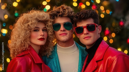 80s family photo in front of a Christmas tree, Polaroid style, big hair and shoulder pads, 3D illustration