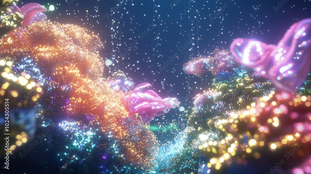 Fototapeta premium Tranquil Underwater Celestial Cosmos - 3D Render Illustration with Glowing Sea Creatures and Colorful Coral Reefs, Illuminated by Distant Stars