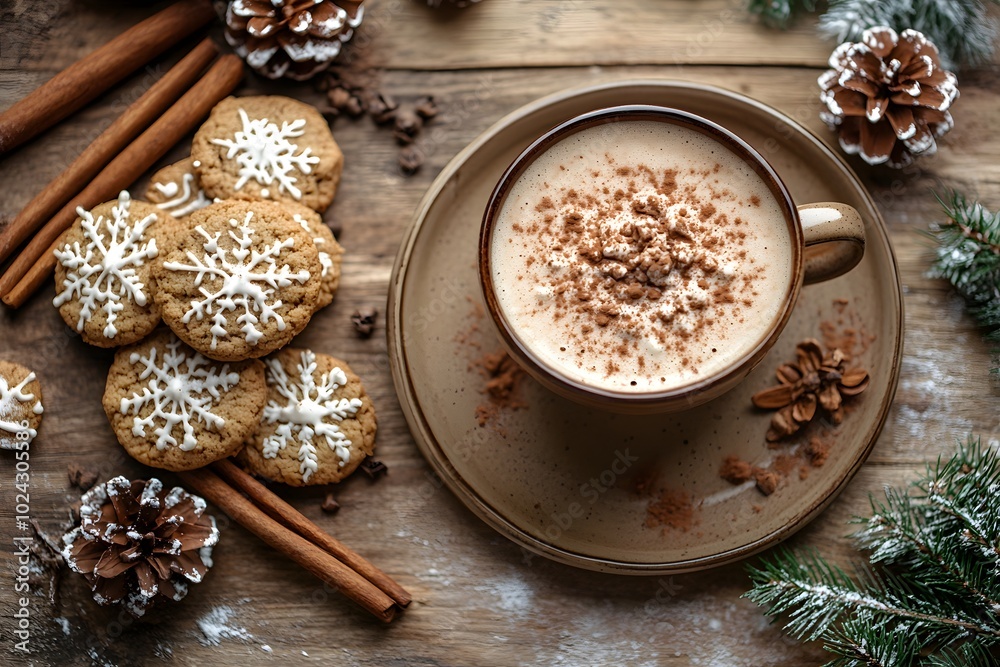 Warm cup of spiced beverage with cookies and pinecones for winter delight. Generative AI. Warm cup of spiced beverage with cookies and pinecones for winter delight. Generative AI.