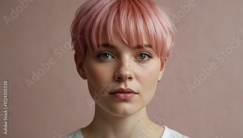 portrait of a person with short pink hair
