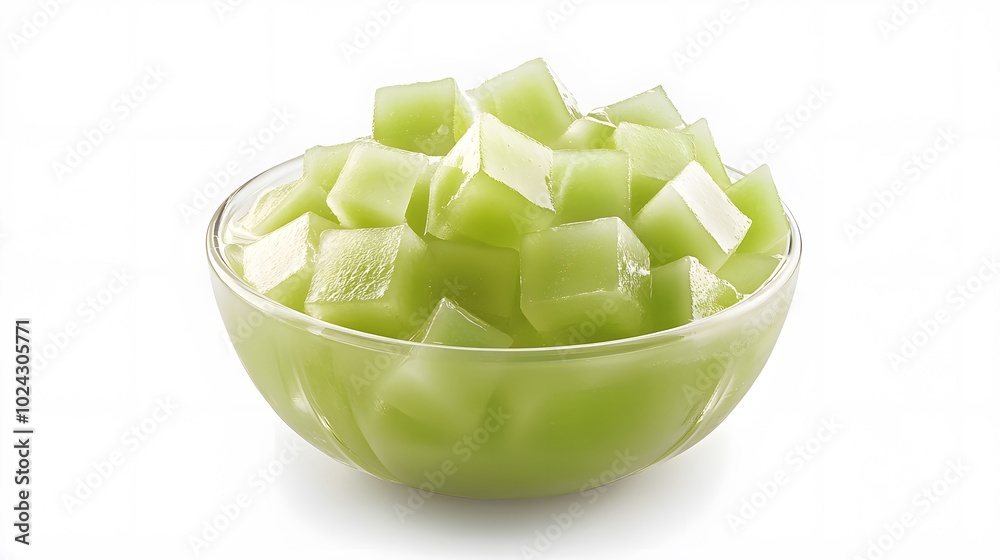 Fresh honeydew melon cubes in glass bowl against white background Fresh honeydew melon cubes in glass bowl against white background
